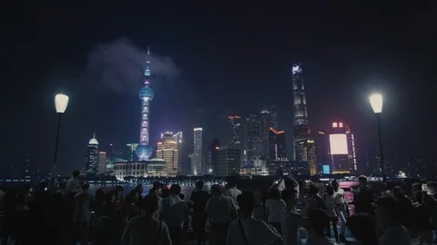 Tourists at the viewpoint in Shanghai by night Stock Footage 99466968
