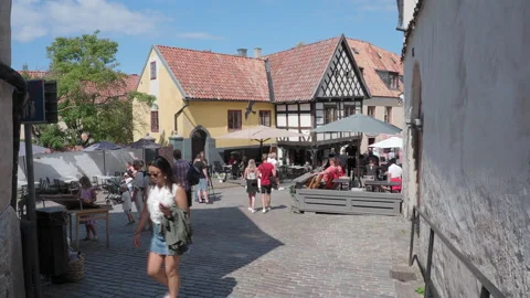 Tourists in Visby Gotland are enjoying their vacation Stock Footage