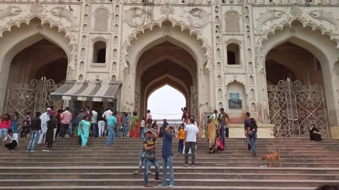 Tourists visit Bara Imambara, also known as Asfi Mosque. Stock Footage 161190482