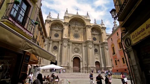 Tourists visit the Cathedral of Granada. Camera Dolly.One of the most important 스톡 동영상 79485784