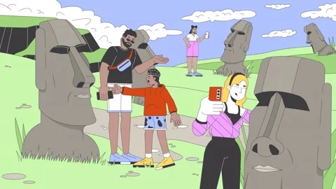 Tourists visit Easter island line cartoon animation Stock Footage 301222163