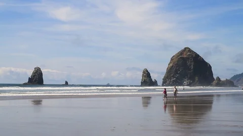 Tourists visit Haystack Rock in Cannon B... | Stock Video | Pond5