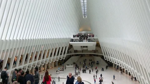 Tourists Visit Oculus Train Station/Shopping Center in New York Stock Footage 77149896
