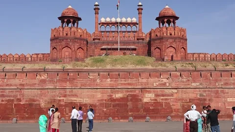 Tourists visit Red Fort also known as Lal Qila in New Delhi. Stock Footage 285346588