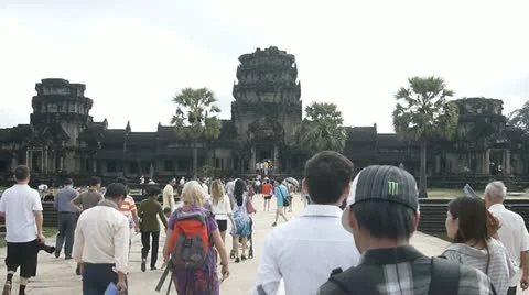 Tourists visiting Angkor Wat temple in Cambodia Stock Footage 18152280