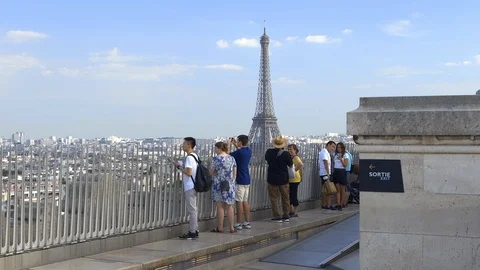Tourists visiting the rooftop of the Arc de Triomphe in Paris France Stock Footage 126393882