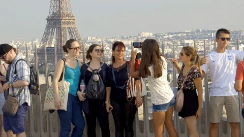 Tourists visiting the rooftop of the Arc de Triomphe in Paris France Stock Footage 126393913