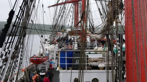 Tourists visiting the sailing ship  bark SEDOV. Stock Footage 113668259