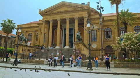 Tourists visiting Teatro Massimo at Piazza Verdi in Palermo, Sicily. Stock Footage 244345796