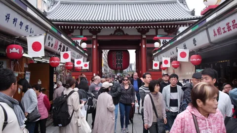 Tourists visiting Thunder Gate, Sensoji Temple, Asakusa, Tokyo, Japan. Stock Footage 241700778