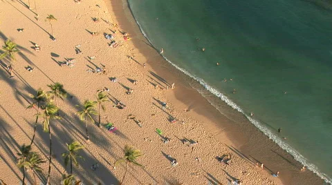 Tourists on Waikiki Beach in Honolulu, Hawaii View From Above Stock Footage