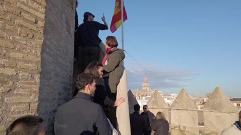 Tourists Waiting in Line to Have a View from the Top of Torre del Oro in Seville Stock Footage 331784145