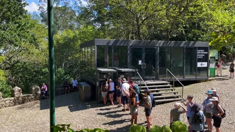 Tourists waiting on a queue to purchase an access ticket to the National Palace Stock Footage 220450526