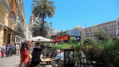 Tourists waiting for sightseeing bus excursion in Valencia, Spain Stock Footage 85682346