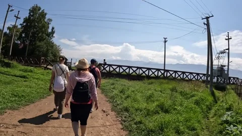 Tourists walk along the path to the platform Stock Footage 254100405
