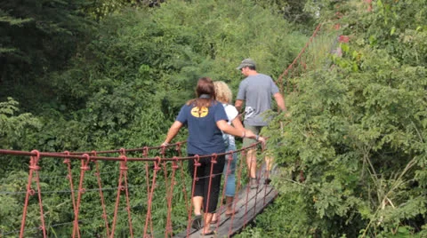 Tourists Walk over Cable Bridge Stock Footage 25658721