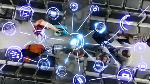 Tourists walking in airport optimizing logistics using AI, VFX compositing Stock Footage 334935096