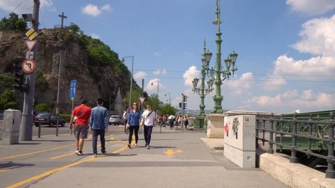Tourists Walking Biking Through Square Gellert Budapest Hungary Stock Footage 102607866