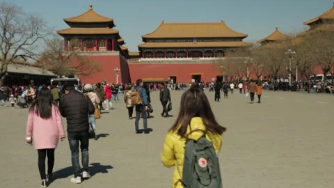 Tourists Walking in Courtyard Toward Palace Buildings at Forbidden City, Beijing Stock Footage 345816396