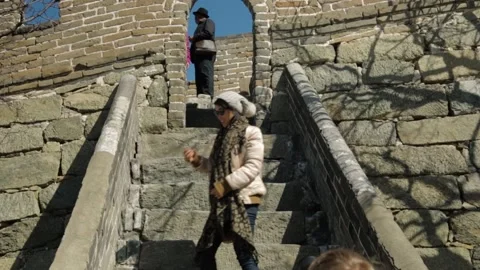 Tourists Walking Down Stone Steps at Mutianyu Great Wall in Beijing, China Stock Footage 345823762