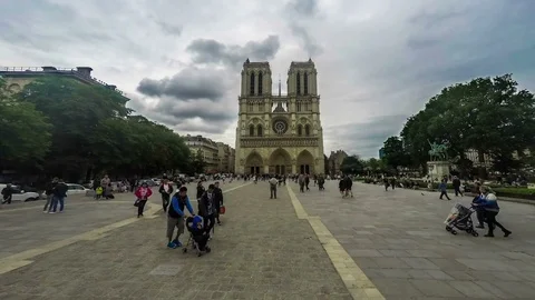 Tourists walking in front of Notre-Dame de Paris main entrance, travel to France Stock Footage 75014670