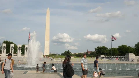 Tourists walking in front of the Washington Monument obelisk Stock Footage 153123644