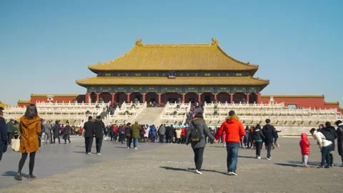 Tourists Walking in Main Courtyard of Forbidden City Palace, Beijing, China Stock Footage 345831418