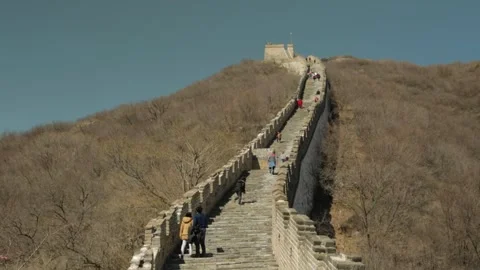 Tourists Walking Up Stone Steps on the Great Wall at Mutianyu, Beijing Hillside Stock Footage 345826895