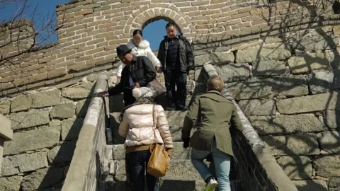 Tourists Walking on Stone Steps at Mutianyu Great Wall in Beijing, China Stock Footage 345823741