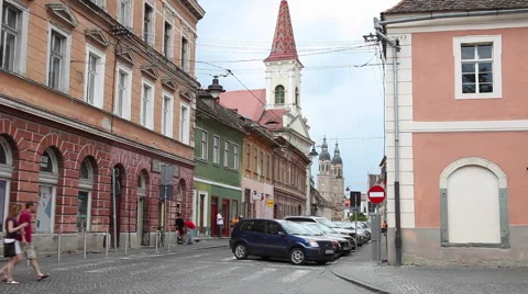 Tourists walking on streets in an old medieval European town with old buildings Stock Footage 40685605