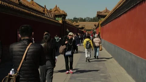 Tourists Walking Through Historic Corridor in Forbidden City, Beijing, China Stock Footage 345820406