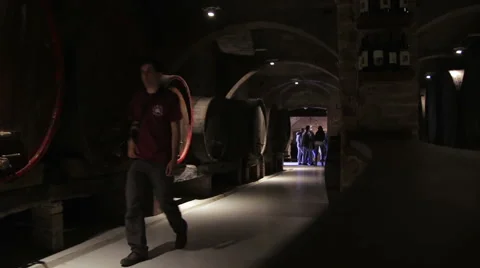 Tourists walking through an old wine cellar Stock Footage 50035752