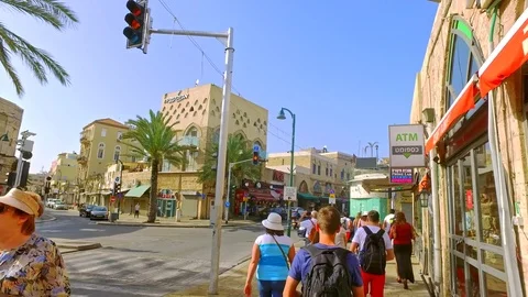 Tourists walking through streets of Israeli town of Nazareth Stock Footage 73607067