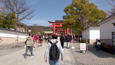 Tourists Walking Toward Large Red Torii Gate in Kyoto Japan Stock Footage 337746907