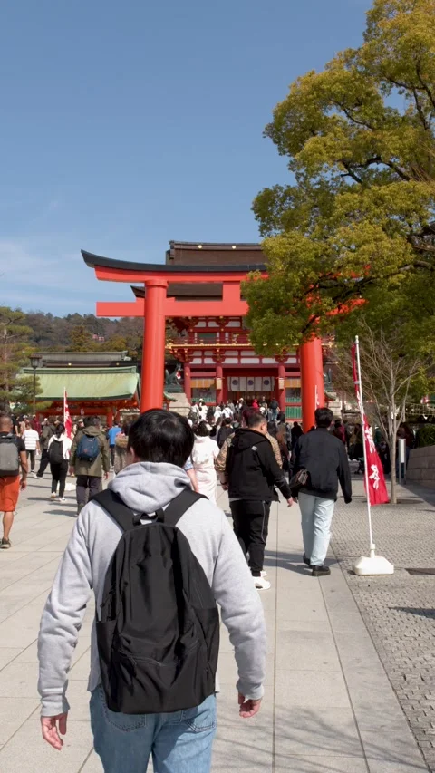 Tourists Walking Toward Large Red Torii Gate in Kyoto Japan Stock Footage 337860290