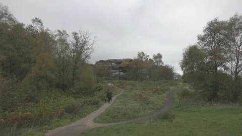 Tourists walking towards a large rock formation to explore at Brimham Rocks Video stock 334270777