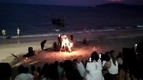Tourists Watching Beach Fire Show, Ao Nang Stock Footage 343806584