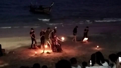 Tourists Watching Beach Fire Show, Ao Nang Stock Footage 343806586