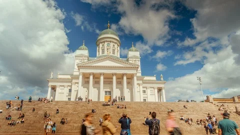 Tourists watching orchestra playing in front of the Cathedral Stock Footage 87834646