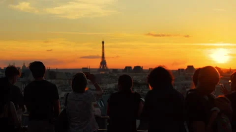 Tourists watching the sunset at the viewpoint. Paris Stock Footage 247974018