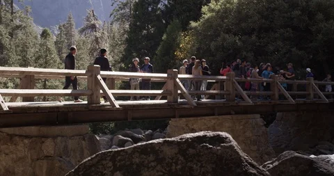 Tourits walking over a bridge to go see the Lower Yosemite Fall, Yosemite 库存影片 103449662