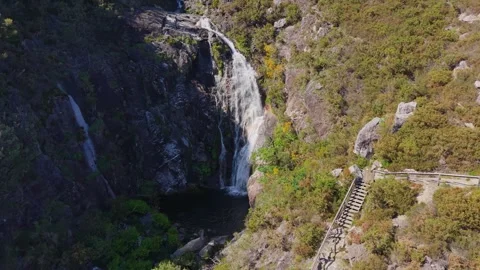 Touron Waterfall Through Rugged Mountainous Landscape Stock Footage 340198508