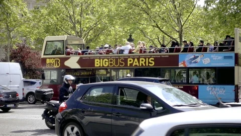 Tours - Big Bus - red double decker - tourists in Paris France 1080 HD Stock Footage 93816005