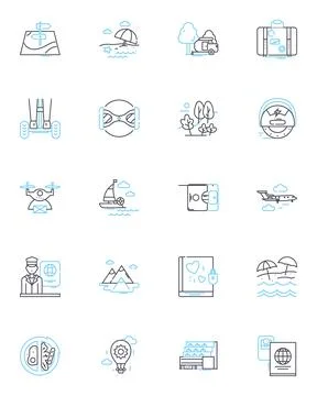 Tours linear icons set. Adventure, Backpacking, Culture, Escape, Exploration Stock Illustration