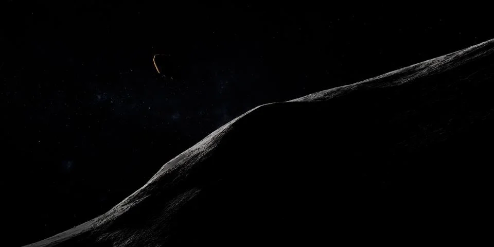 Toutatis asteroid orbiting in the outer space from a moon or planet. 3d render Stock Illustration
