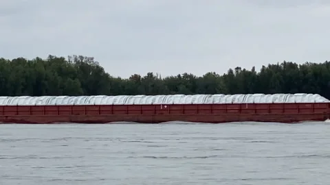 A tow boat pushing multiple barges plies the Mississippi River  Stock Footage 146052316