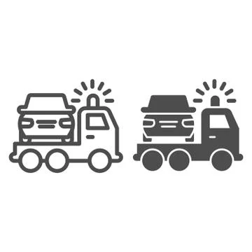 Tow truck line and solid icon. Vehicle salvage with pick up damaged vehicle Stock Illustration