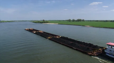 Towboat pushing barges upstream river Rhine - high angle Видео 24651656