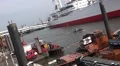 Towboats pan in the Hamburg harbour docks HD Footage