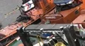Towboats at piers diagonal pan close up in Hamburg harbour HD Footage
